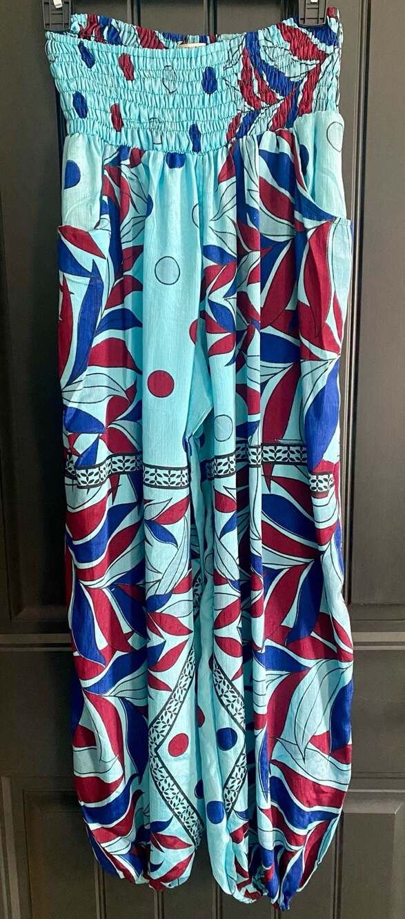 Earthbound Trading Co. Blue Satin Smocked Waist Harem Pants